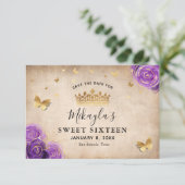Paarse lavendel en gouden rozen Elegant Save The Date (Staand voorkant)