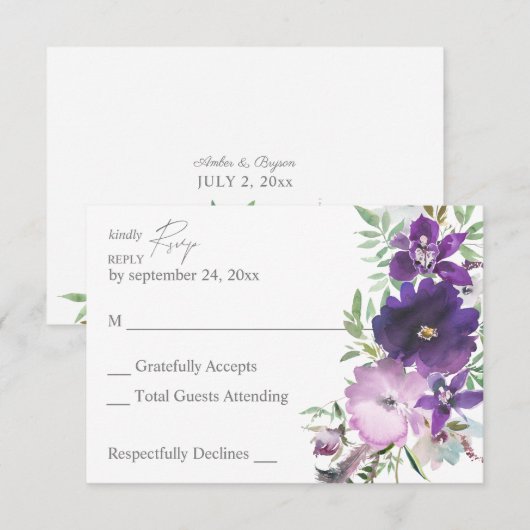 Paarse lavendel en Violet Floral, geen echte RSVP- RSVP Kaartje (Voorkant / Achterkant)
