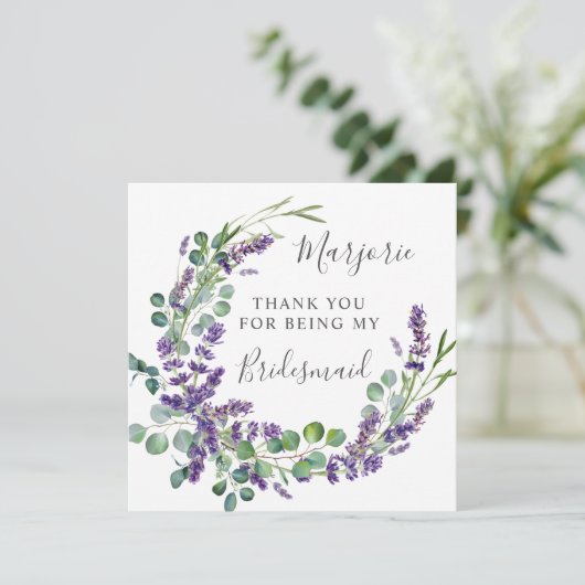 Paarse lavendel eucalyptus bruidsmeisje dank u bedankkaart (Staand voorkant)