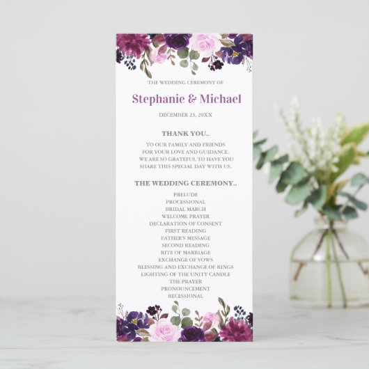 Paarse Lavendel Floral Boho trouwprogrammakaart Programmakaart (Staand voorkant)