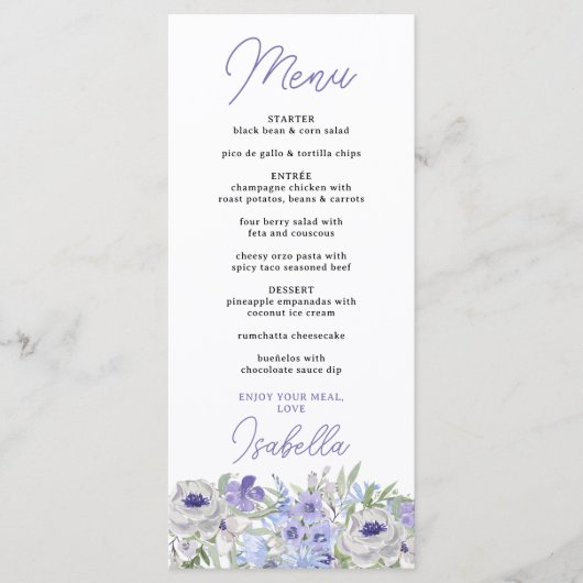 Paarse Lavendel Floral Border Dinner Menu (Voorkant)