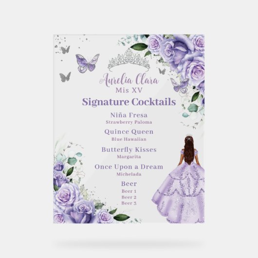Paarse Lavendel Floral Quinceanera Cocktails Menu Acryl Bord (Voorkant)