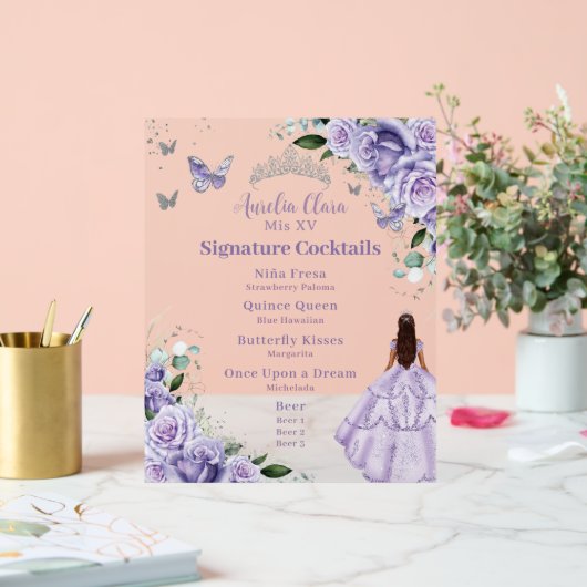 Paarse Lavendel Floral Quinceanera Cocktails Menu Acryl Bord (Huwelijk)