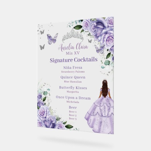 Paarse Lavendel Floral Quinceanera Cocktails Menu Acryl Bord (Hoek)