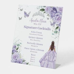 Paarse Lavendel Floral Quinceañera Cocktails Menu Reclamebord Met Voetstuk