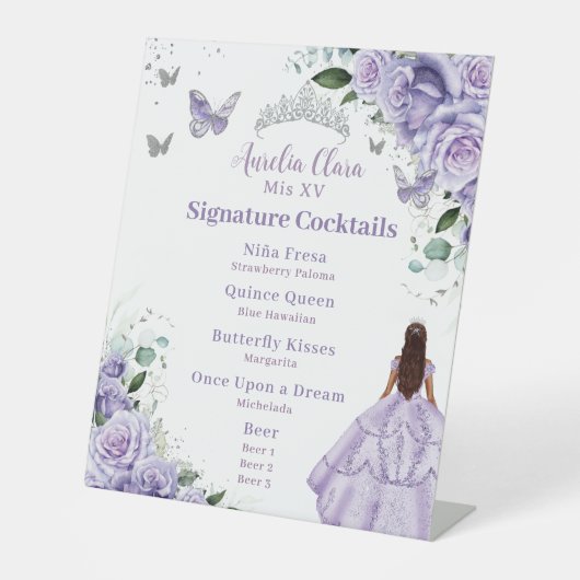 Paarse Lavendel Floral Quinceañera Cocktails Menu Reclamebord Met Voetstuk (Voorkant)