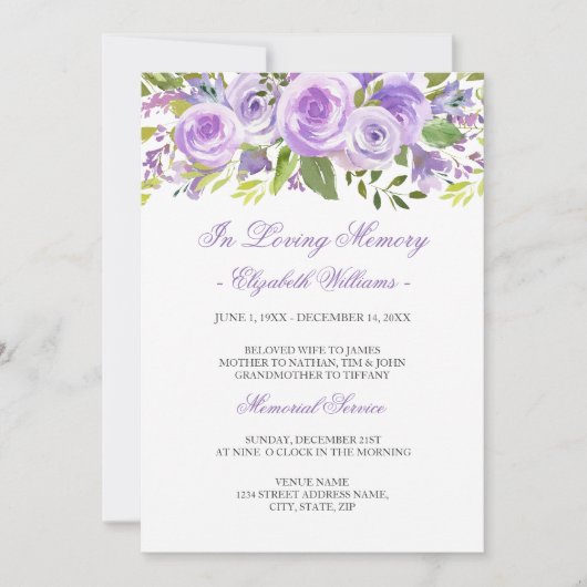 Paarse Lavendel Floral Roos Memorial Service Kaart (Voorkant)