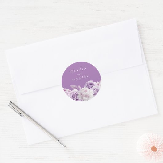 Paarse Lavendel Floral Wedding Ronde Sticker (Envelop)