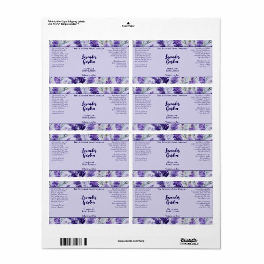 Paarse Lavendel Garden Cosmetics Bottle Label (Full Sheet)