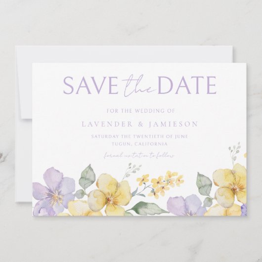 Paarse lavendel & geel zonneschijn bloemenbruiloft save the date (Voorkant)