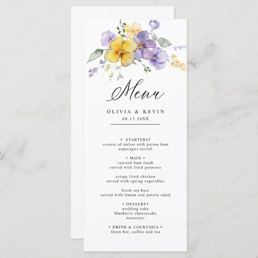 Paarse Lavendel Gele Waterverf Bloemen Bruiloft Menu (Voorkant / Achterkant)