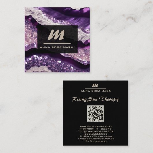 *~* Paarse Lavendel Glam QR Luxe Initiaal AP66 Vierkante Visitekaartje (Voorkant / Achterkant)