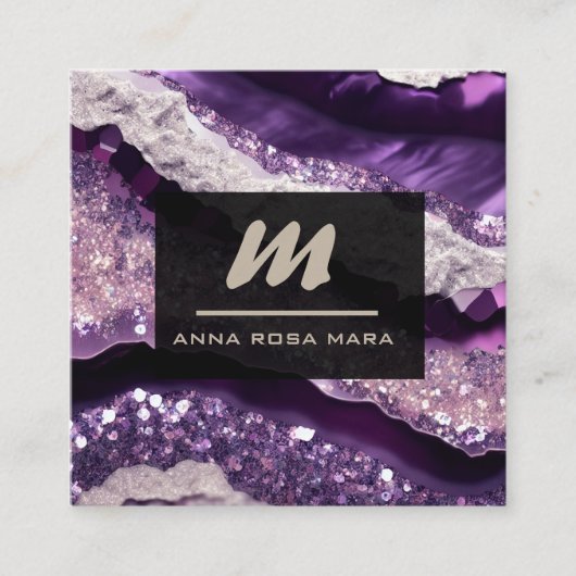 *~* Paarse Lavendel Glam QR Luxe Initiaal AP66 Vierkante Visitekaartje (Voorkant)