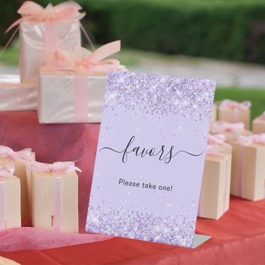 Paarse lavendel glitter feestfavoriet reclamebord met voetstuk