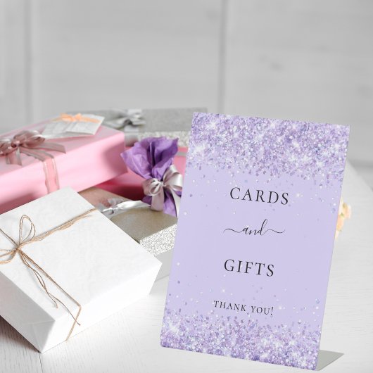 Paarse lavendel glitter feestkaarten cadeaus reclamebord met voetstuk