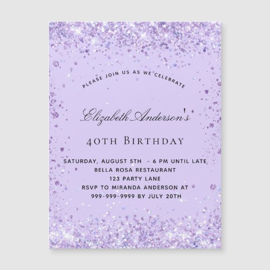 Paarse lavendel glitters uitnodiging magneet verja (Voorkant)