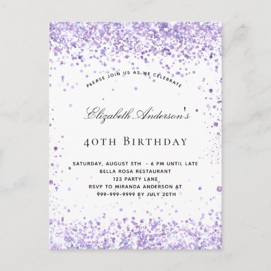 Paarse lavendel glitterscript voor verjaardag uitnodiging briefkaart (Voorkant)