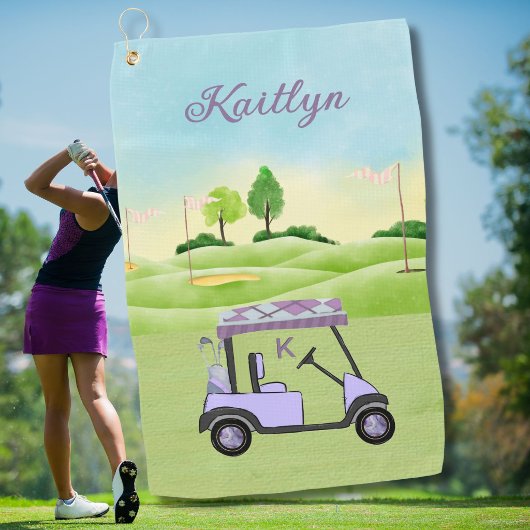 Paarse Lavendel Golfkar Monogram Naam Handdoek
