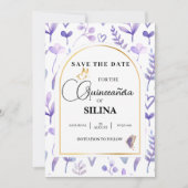 Paarse Lavendel Gouden Boog Quinceañera Vlinder Save The Date (Voorkant)
