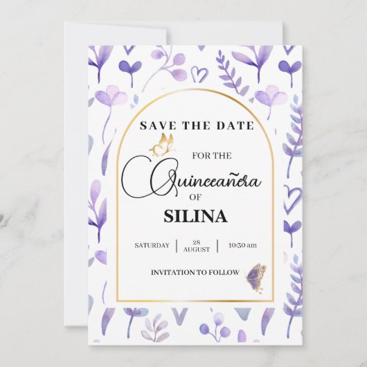 Paarse Lavendel Gouden Boog Quinceañera Vlinder Save The Date (Voorkant)