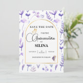 Paarse Lavendel Gouden Boog Quinceañera Vlinder Save The Date (Staand voorkant)