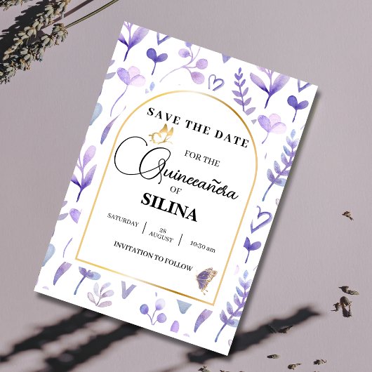 Paarse Lavendel Gouden Boog Quinceañera Vlinder Save The Date