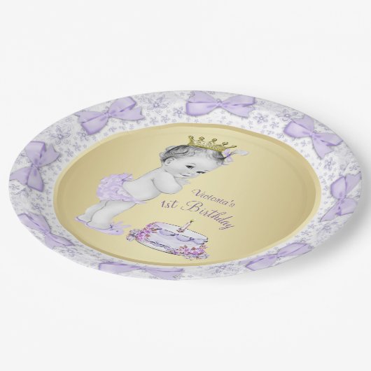 Paarse Lavendel Gouden Prinses 1e Verjaardagsfeest Papieren Bordje (Gekanteld)