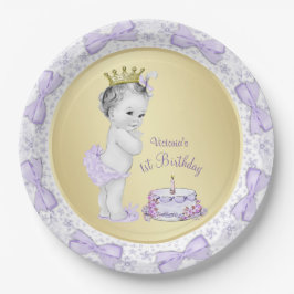 Paarse Lavendel Gouden Prinses 1e Verjaardagsfeest Papieren Bordje