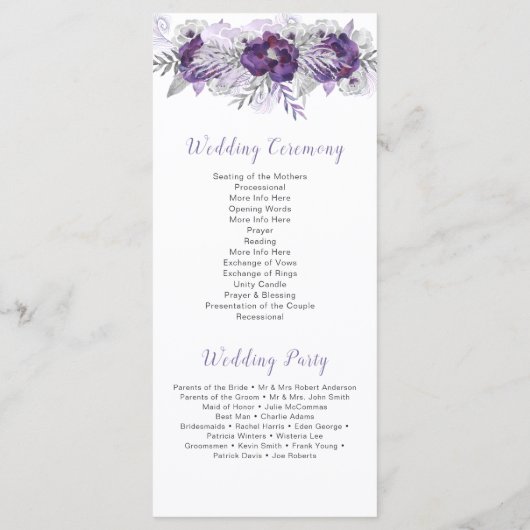 Paarse lavendel grijs bloemenbruiloft programma programmakaart (Achterkant)