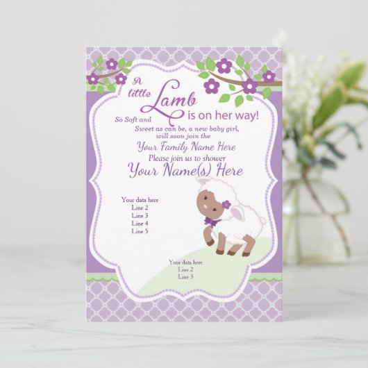 Paarse lavendel Groen Lam Baby shower Uitnodiging (Staand voorkant)