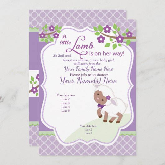 Paarse lavendel Groen Lam Baby shower Uitnodiging (Voorkant / Achterkant)