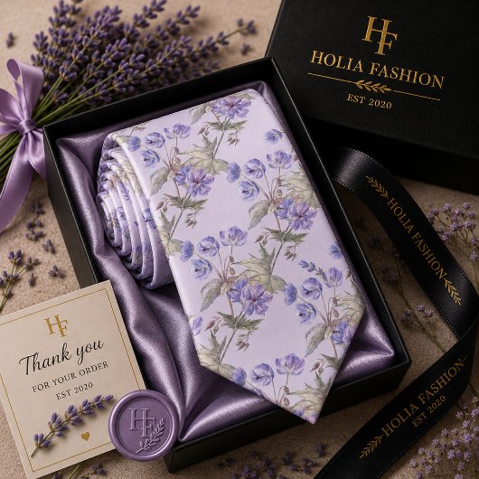 Paarse lavendel halsdoek met bloemenprint stropdas