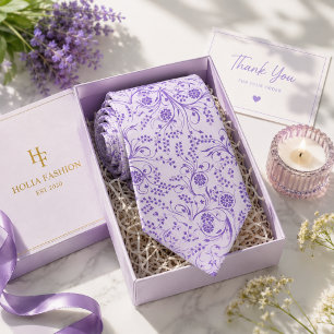 Paarse lavendel halsdoek met bloemenprint stropdas