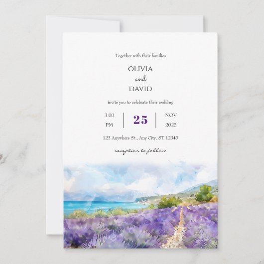 Paarse Lavendel Kustveld Art Beach Bruiloft Kaart (Voorkant)