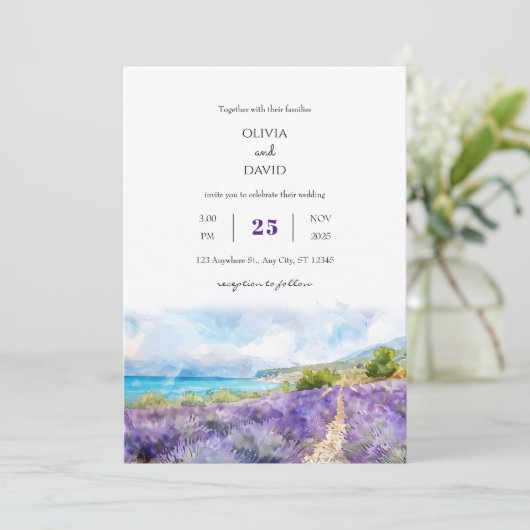 Paarse Lavendel Kustveld Art Beach Bruiloft Kaart (Staand voorkant)