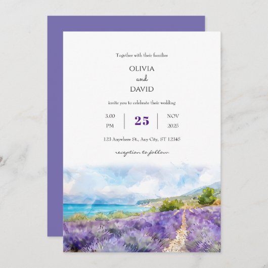 Paarse Lavendel Kustveld Art Beach Bruiloft Kaart (Voorkant / Achterkant)