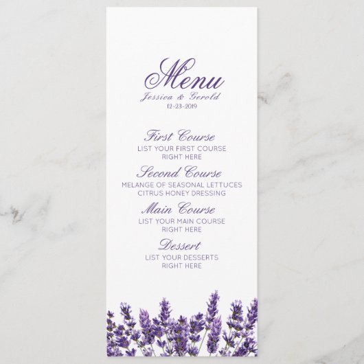 Paarse Lavendel Lila Bloem Bruiloft Menu (Voorkant)