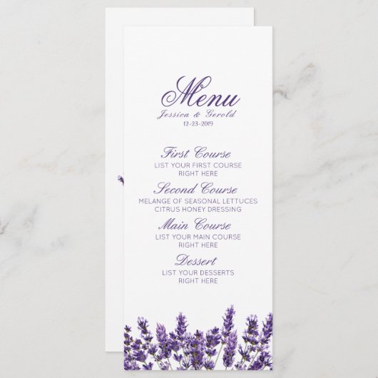 Paarse Lavendel Lila Bloem Bruiloft Menu (Voorkant / Achterkant)