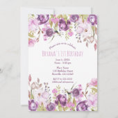 Paarse Lavendel Lila Bloemen Moderne 1e Verjaardag Kaart (Achterkant)