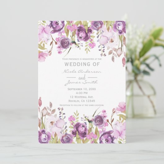 Paarse Lavendel Lila Waterverf Bloemenbruiloft Kaart (Staand voorkant)