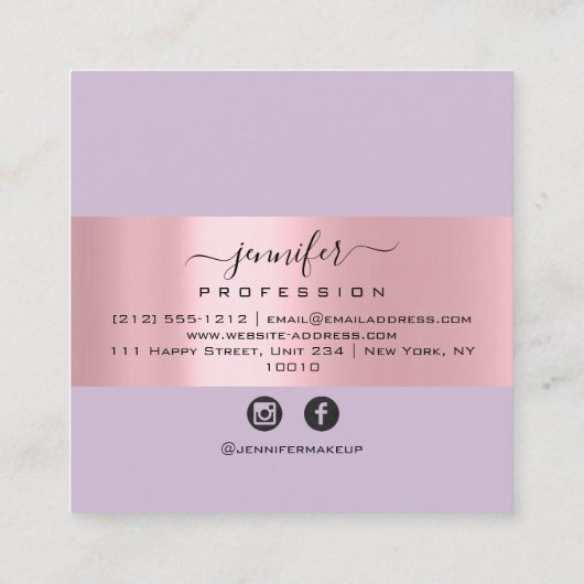 Paarse Lavendel Make-up Monogram Naam Sociaal Roos Vierkante Visitekaartje (Achterkant)