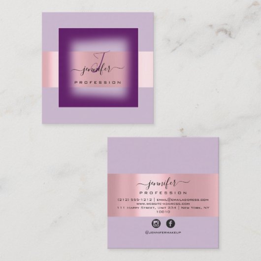 Paarse Lavendel Make-up Monogram Naam Sociaal Roos Vierkante Visitekaartje (Voorkant / Achterkant)