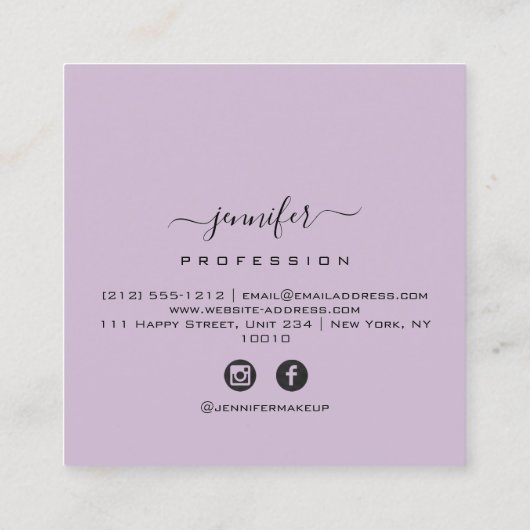 Paarse Lavendel Make-up Monogram Naam Sociale Logo Vierkante Visitekaartje (Achterkant)