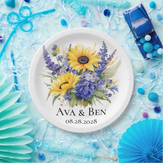 Paarse Lavendel met Zonnebloemen Bruiloft Papieren Bordje (Feest)