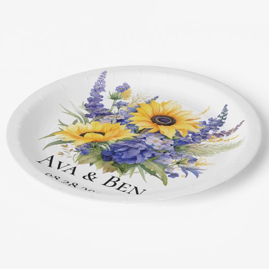 Paarse Lavendel met Zonnebloemen Bruiloft Papieren Bordje (Gekanteld)