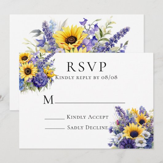 Paarse Lavendel met Zonnebloemen RSVP Kaarten (Voorkant / Achterkant)
