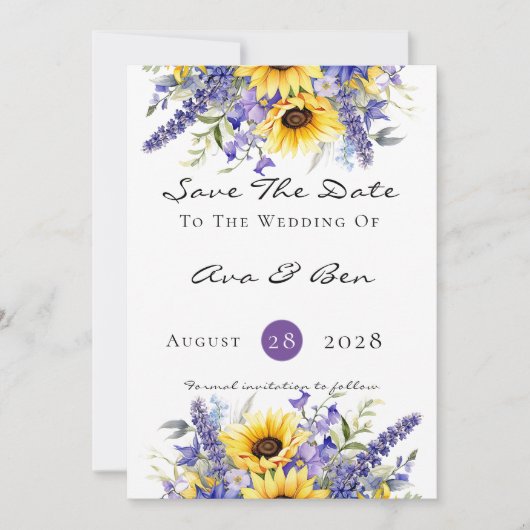 Paarse Lavendel met Zonnebloemen Save The Date Kaa Kaart (Voorkant)
