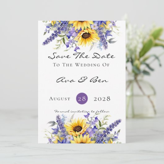 Paarse Lavendel met Zonnebloemen Save The Date Kaa Kaart (Staand voorkant)