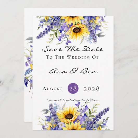 Paarse Lavendel met Zonnebloemen Save The Date Kaa Kaart (Voorkant / Achterkant)