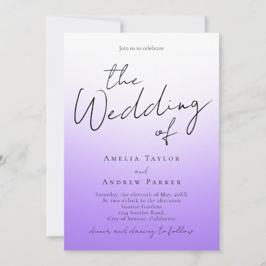 Paarse Lavendel Minimale QR-code Elegante bruiloft Kaart (Voorkant)